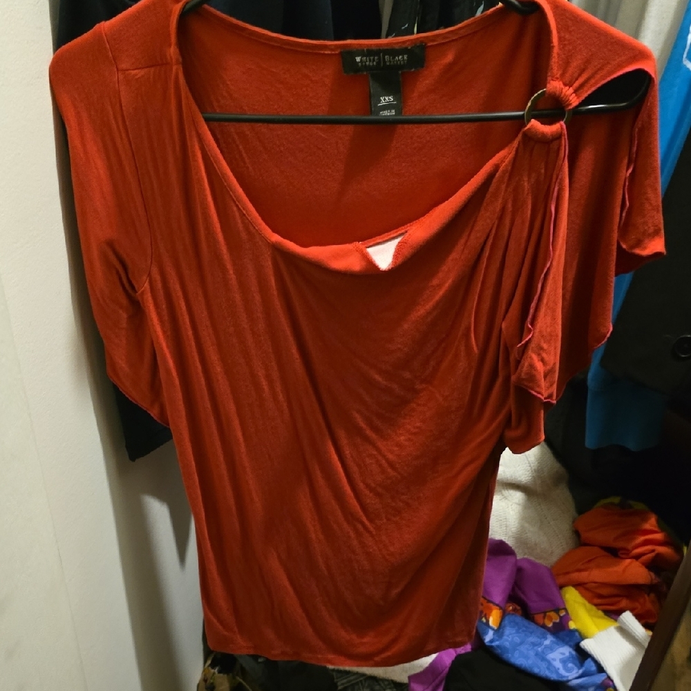 White House Black Market Red Blouse with Ring Detail